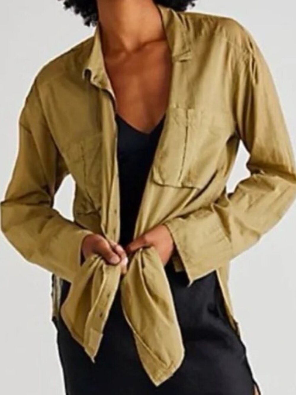 WE THE FREE Sheer Luck Button Up Tie Up Shirt Size M 100% Cotton Olive Green